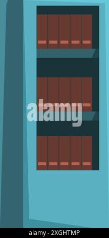 Illustration featuring a blue library bookshelf standing with folders containing documents on the shelves for storing files, office furniture design element Stock Vector