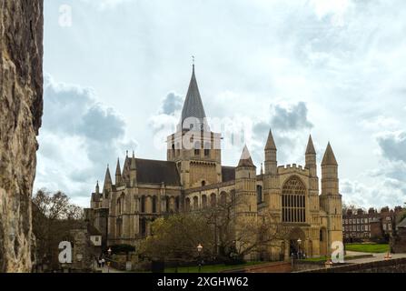 A View of Rochester Cathedral From the Castle Grounds on a Cloudy Day Stock Photo