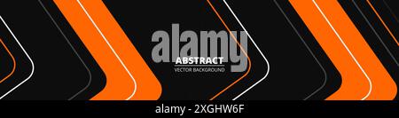 Black abstract wide horizontal banner with orange white and gray lines, arrows and angles. Dark modern sporty bright futuristic horizontal abstract Stock Vector