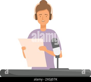 Radio host speaking into microphone, podcast creator recording audio content, woman working at the radio station Stock Vector