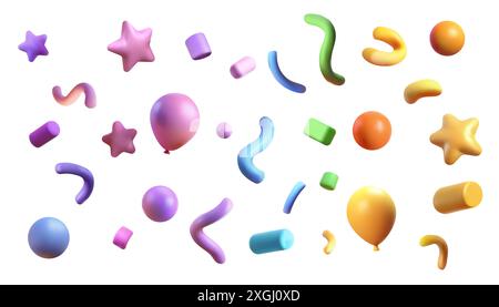 Party clappers confetti 3d vector, shapes. Birthday or carnival fireworks or popper paper streamers, star and elements for greeting design. Different Stock Vector
