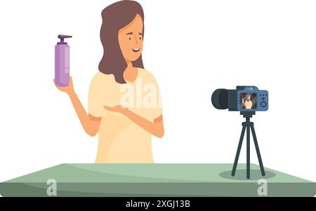 Young woman is filming her beauty blog, presenting cosmetics product Stock Vector