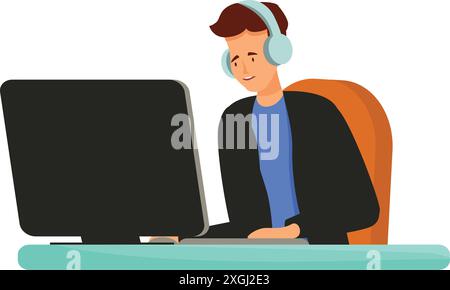 Computer programmer is coding on his computer while wearing headphones Stock Vector