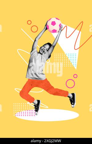 Image collage sketch of cheerful funny boy playing football game isolated on painted creative background Stock Photo