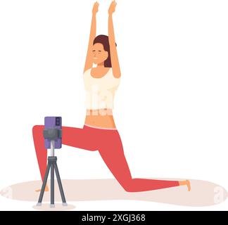 Young woman practicing yoga at home, recording her session with a smartphone on a tripod, to share online Stock Vector