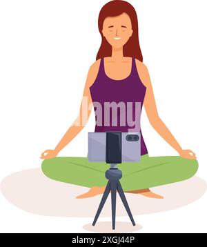 Young woman in sportswear practicing yoga, recording video with smartphone on tripod, online yoga class concept Stock Vector