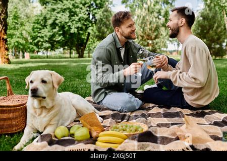 A bearded gay couple enjoys a picnic with their labrador retriever in a green park. They are sitting on a blanket, drinking wine, and laughing. Stock Photo