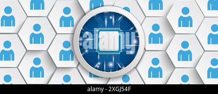 White Big Hexagon Humans Microchip Circle Header Hexagon structure with people and microchip on the gray background. Stock Photo