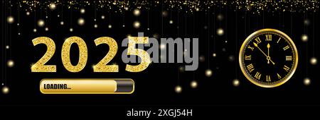 Black Paper Banner Golden Clock 2025 Loading Hanging Lights Black banner with golden clock and text 2025. Stock Photo