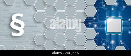 Gray Hexagon Structure Paragraph Microchip Header Hexagon structure with a white paragraph and microchip on the gray and blue background. Stock Photo