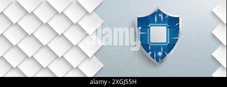 Rhombus Shapes Protection Shield Microchip Header White rhombuses with digital protection shield on the gray background. Stock Photo