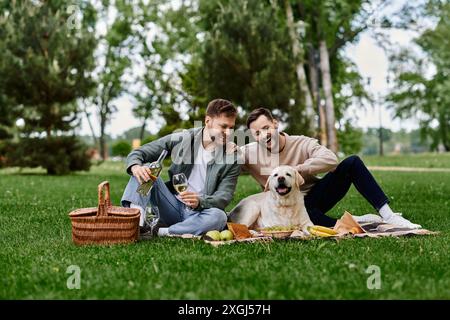 A gay couple enjoys a picnic with their labrador in a lush green park. They are laughing and drinking wine, surrounded by natures beauty. Stock Photo