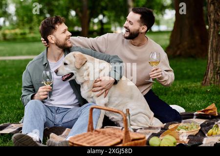 A gay couple enjoys a picnic in the park with their labrador retriever. They are laughing and having a good time together. Stock Photo