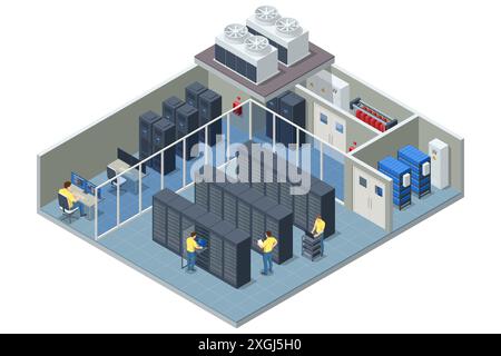 Isometric Network computing technologies Digital space. Data storage. Data center implements reliable security and backup systems, protecting data Stock Vector