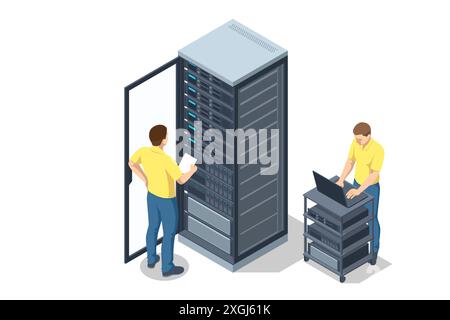 Isometric Network computing technologies. Digital space. Data storage Specialists in the data center continuously monitor the infrastructure and Stock Vector