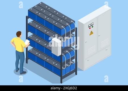 Isometric Network computing technologies Digital space. Data storage. Data center implements reliable security and backup systems, protecting data Stock Vector