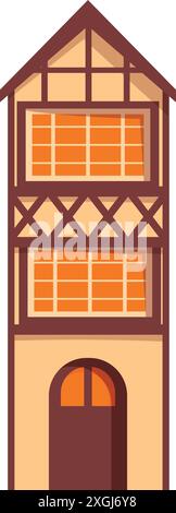 Tall narrow building featuring traditional european style wood paneling and a brown arched doorway Stock Vector