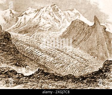 A 19th century engraving showing the Glacier of Zermatt Switzerland.  - Ein Kupferstich aus dem 19. Jahrhundert, der den Gletscher von Zermatt in der Schweiz zeigt. -Un'incisione del XIX secolo che mostra il ghiacciaio di Zermatt in Svizzera. -Une gravure du 19ème siècle montrant le glacier de Zermatt en Suisse. - Stock Photo