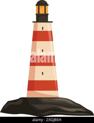 Tall, sturdy lighthouse with a distinctive red and white striped pattern, casting a beacon of light for safe passage Stock Vector