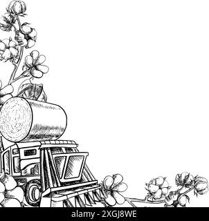 A frame with cotton and a cotton harvester. A black and white vector graphic illustration made by hand. For labels, packages, flyers. For postcards, b Stock Vector