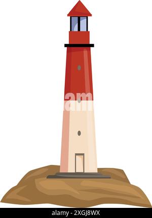 Cartoon lighthouse guiding ships with its light beam Stock Vector