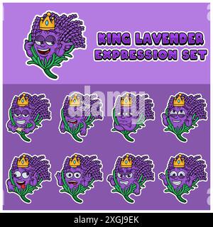 Cartoon Mascot Of  Lavender Character with king and expression set. Vector Illustration Stock Vector