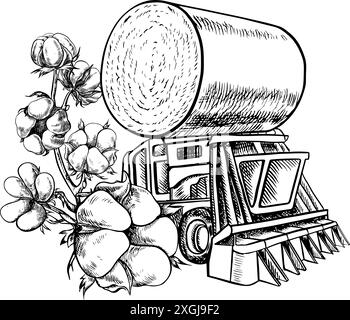 Cotton harvester. A black and white vector graphic illustration made by hand. A stylized composition of a modern cotton harvester used in agriculture Stock Vector