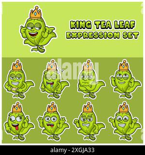 Cartoon Mascot Of Tea Leaf Character with king and expression set. Vector Illustration Stock Vector