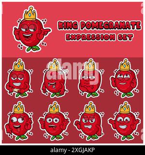 Cartoon Mascot Of  Pomegrante Fuit Character with king and expression set. Vector Illustration Stock Vector