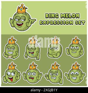 Cartoon Mascot Of Melon Fuit Character with king and expression set. Vector Illustration Stock Vector