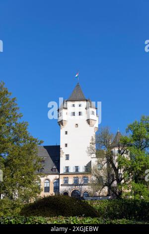 Europe, Luxembourg, Colmar-Berg, Berg Castle (The Grand Duke of Luxembourg's Principal Residence) set amongst Beautiful Gardens Stock Photo