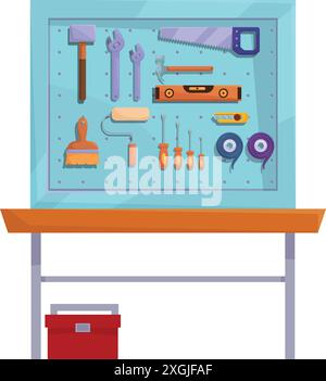 Tools for house repair hanging on a pegboard over a workbench Stock Vector