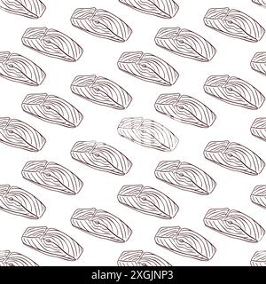 Seamless Salmon pattern in line art style. Piece of red fish. Repeated wallpaper, textile, wrapping, packaging. Salmon steak print. Vector Stock Vector
