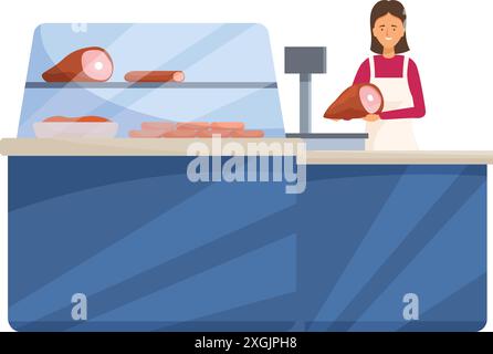 Female butcher wearing apron working behind counter holding piece of ham at butcher shop Stock Vector