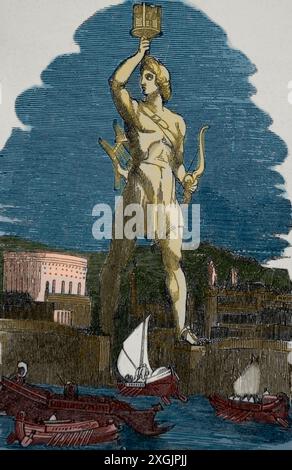 Colossus of Rhodes. Seven Wonders of the World. 19th century. Stock Photo