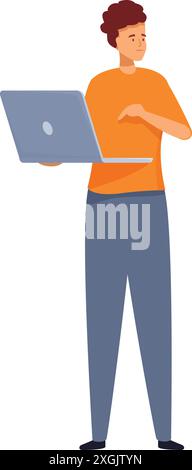 Young programmer is using a laptop, pointing at the screen with a smile on his face Stock Vector