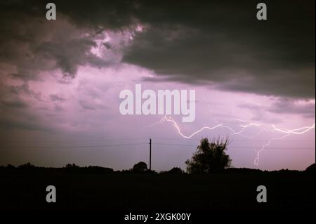 Strong Electrical Storm with a Multitude of Lightning Strikes the Ground. Electricity Prices, Energy, Green Energy, Power Stock Photo