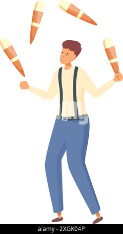 Male artist juggling clubs, entertaining audience on stage, carnival performance Stock Vector