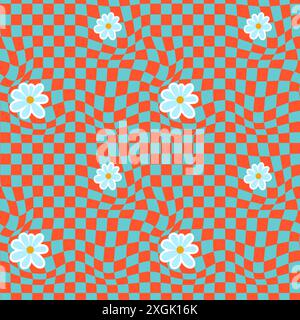Psychedelic checkerboard and daisy background. Wavy vector illustrations, trendy psychedelic style and groovy color checkerboard. Stock Vector