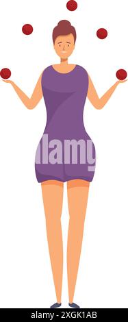Circus artist juggling five balls on stage, showing her talent and concentration Stock Vector