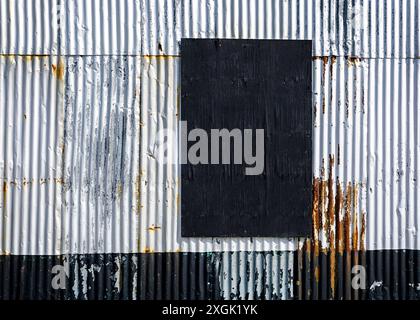 Black square is covering a hole on a white and black corrugated metal wall, showing signs of rust and deterioration Stock Photo