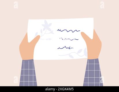 Floral written letter, hand holding postal illustration Stock Vector