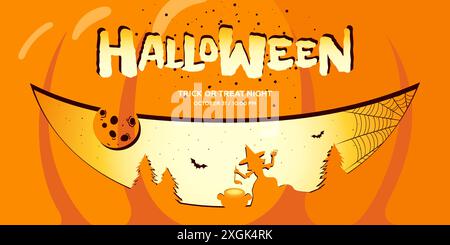 Happy Halloween party horizontal banner for October holiday. Creepy carved smiley face on orange Jack O Lantern pumpkin background. Witch and cauldron silhouette in forest. All Saints Night eps print Stock Vector