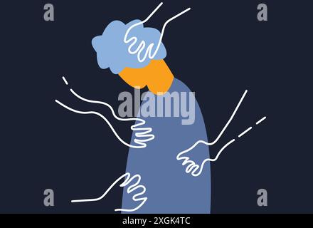 Man sad down head, invisible hands trying to reach him, mental health illustration Stock Vector