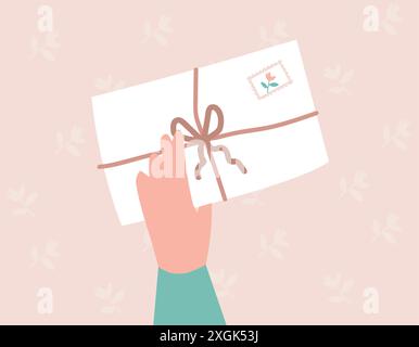 Floral written letter, hand holding postal envelop illustration Stock Vector