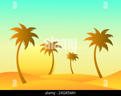 Landscape with palm trees in the desert. Sunrise over sand dunes. Gradient desert landscape with sandy dunes and palm trees. Design for covers, banner Stock Vector