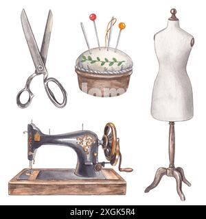 Sewing kit: mannequin, sewing machine, needle bed, scissors. Set of watercolor illustrations, hand drawn on a white background. Cliparts on the theme Stock Photo