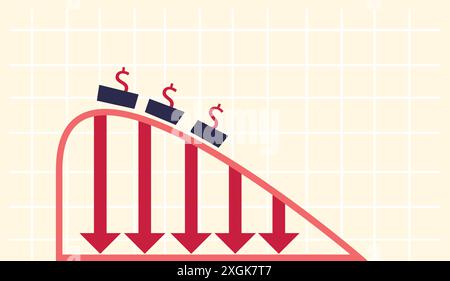 Dollar money monetary price falling and value decreasing, roller coaster ride illustration Stock Vector