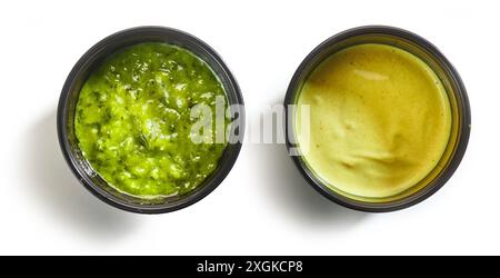two sauces in plastic cups isolated on white background, top view Stock Photo