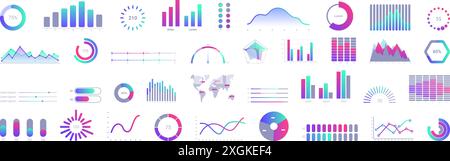 Minimal graph ui icons set. Set of colorful charts and graphs is representing positive business data analysis Stock Vector